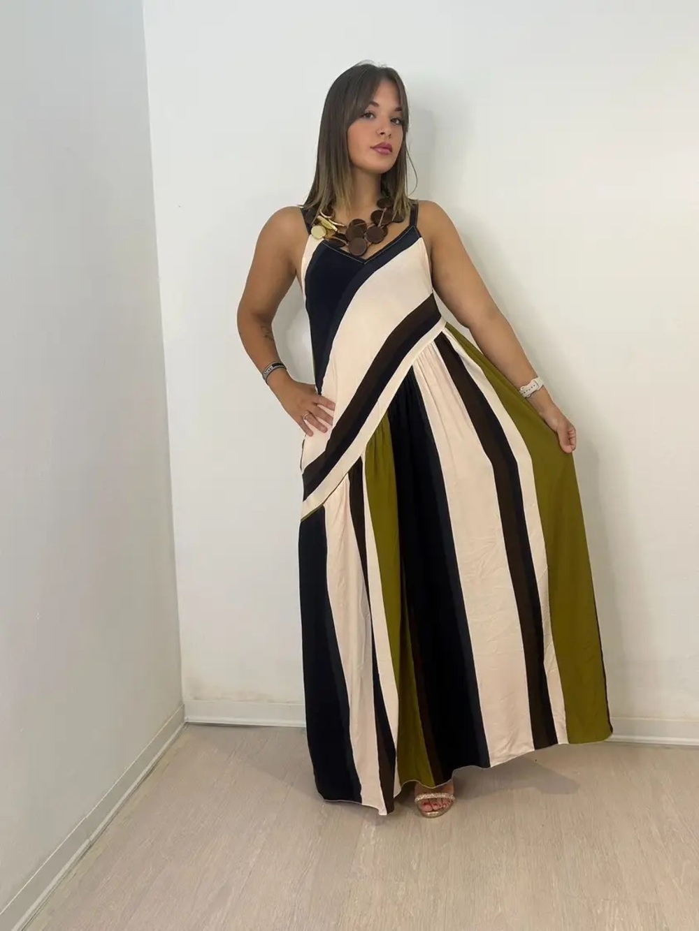 Sleeveless Striped Maxi Dress in Navy, Cream & Olive